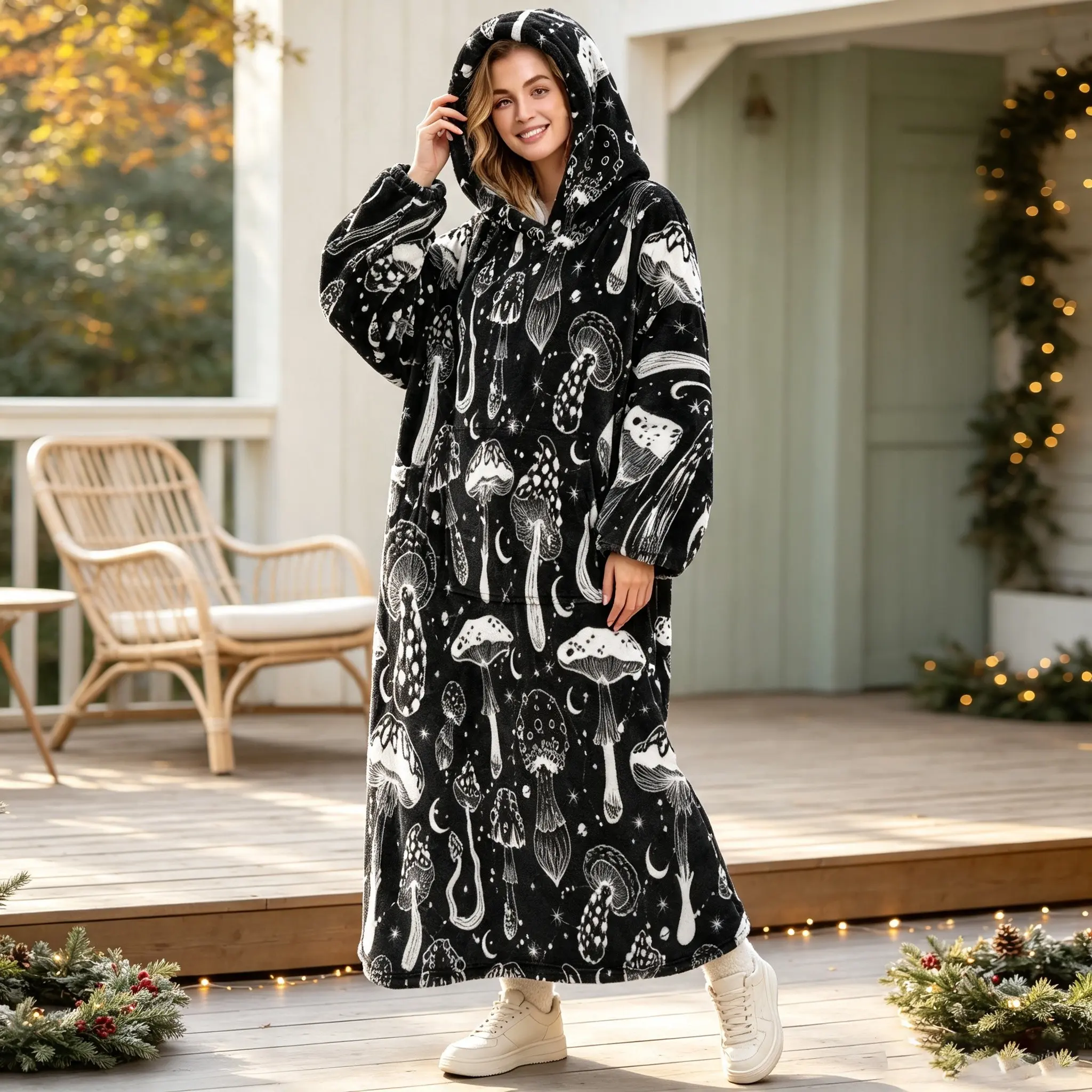 hoodie blanket, Wearable Blanket, Cozy Hooded Blanket, Unisex Hooded Blanket Sweatshirt, Wearable Fun Mushroom Print, Soft Warm Comfort, Home Rest Lazy TV Blanket, Outdoor Travel Heating, Portable Wearable Blanket, Christmas Gift, Valentine's Day gift