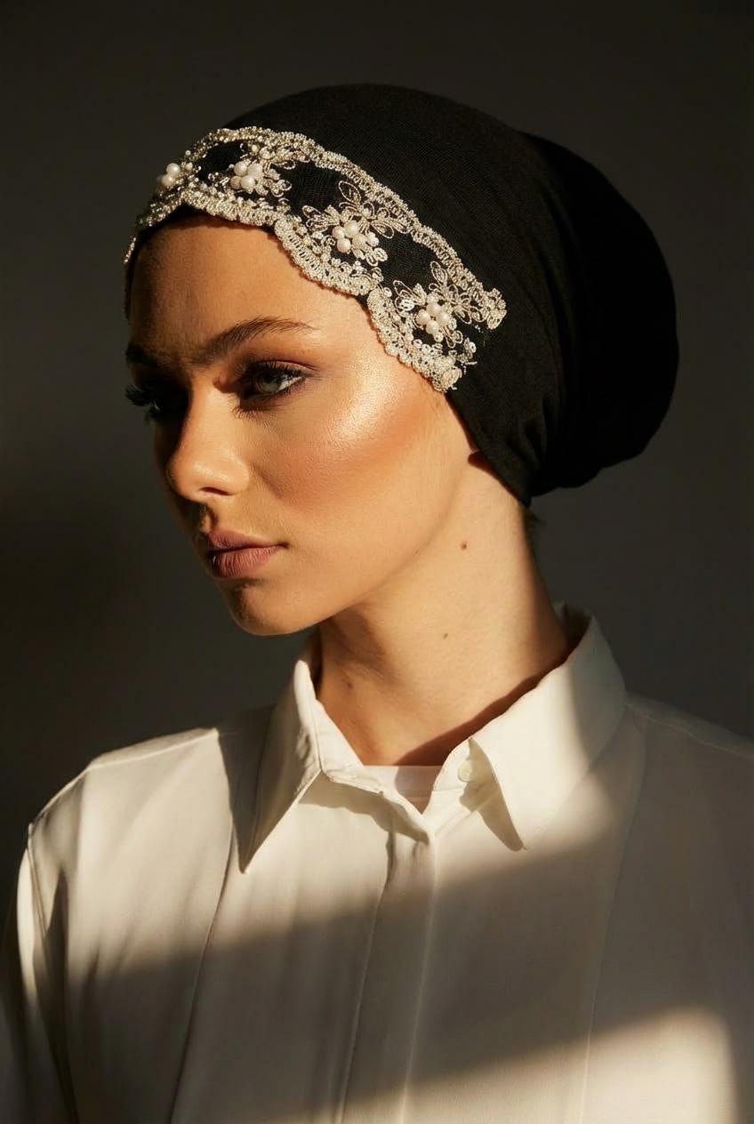 Luxurious Jersey Modal Hijab Inner Cap, Beaded Lace Muslim Hat, Elastic Comfortable Sleep Cap, Ramadan Fashion Decoration Hat, Turban Hijab