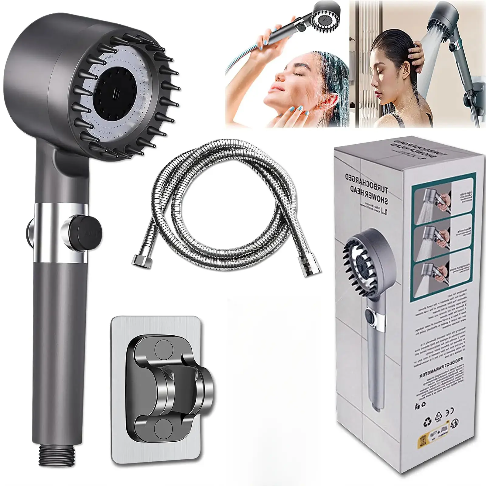 Chrome Single Handheld High Pressure Shower Head - 4-in-1 Detachable Multi-Function Massage & Skincare 3-Setting System with 47" Hose, Bracket, 5 Filters, Handheld Shower Combo for Kids & Family Massage Handheld Shower