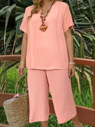 Elegant Plus Size Women's Solid Color Short Sleeve Fashion Top & Casual Wide Leg Pants Set, Summer, Comfortable & Stylish Elegant Plus Size Women's Solid Color Short Sleeve Fashion Top & Casual Wide Leg Pants Set, Summer, Comfortable & Stylish