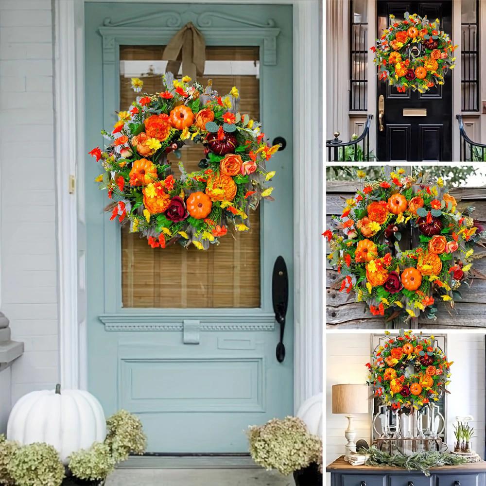 Classic Pumpkin Design Non-Woven Simulated Artificial Wreath (45cm/17.72in) - Lightweight, High-Quality Decoration with Realistic Texture, Bright Color, Strong Durability, Flower Filler for Autumn Front Door, Indoor-Outdoor Home Decor