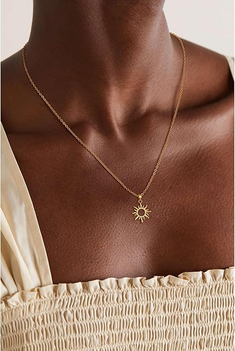 Tewiky Gold Pendant Necklace for Women, Gold Cubic Zirconia Dainty Sun and Moon Necklace Cute Minimalist Diamond Gemstone Turquoise Chain Choker Sunflower Necklace Jewelry Gifts for Women