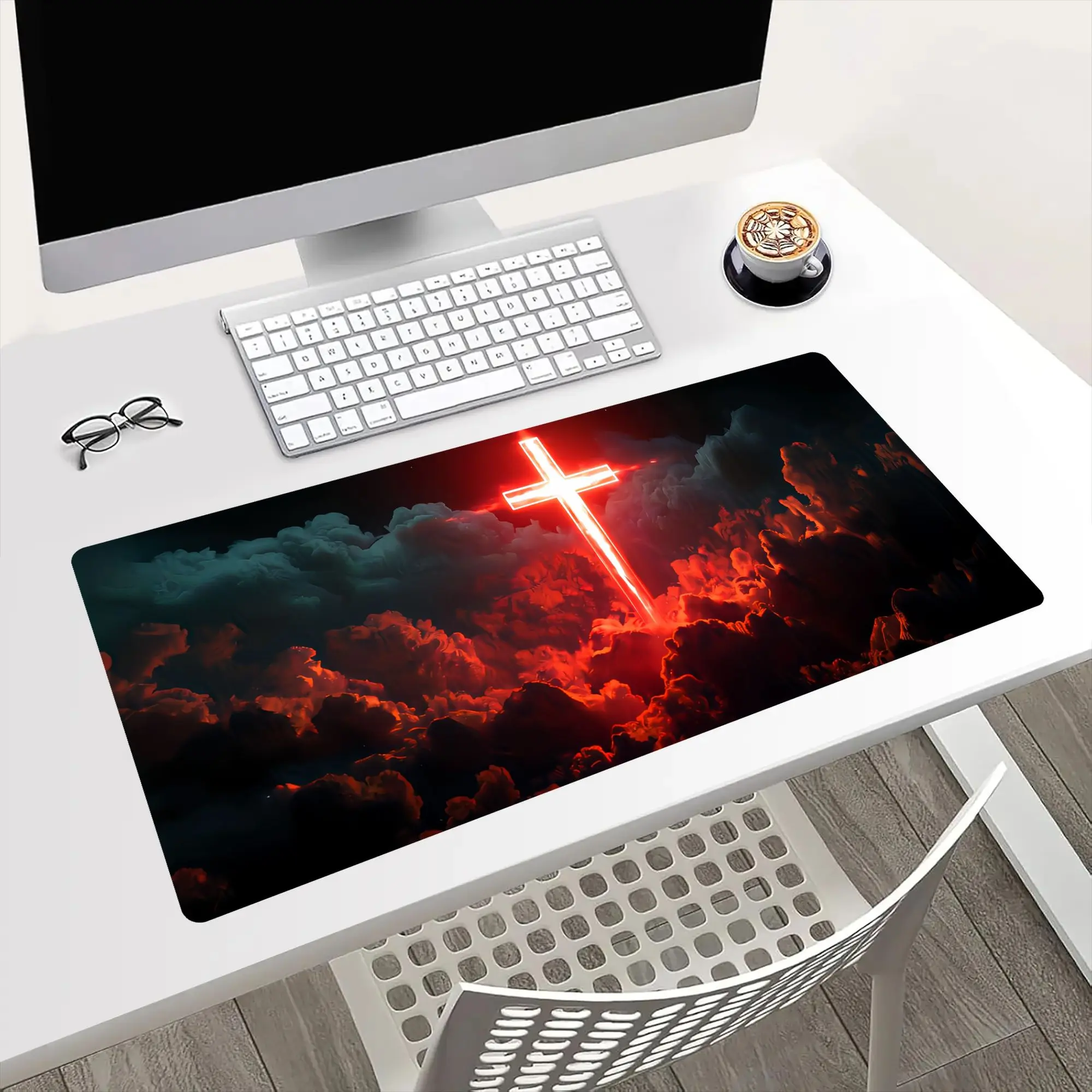Large E-Sports Gaming Mouse Pad - Gaming Accessories, Red Luminous Cross & Multicolor Cloud Print, Non-Slip Rubber Surface, Washable Desk Mat for Gamers