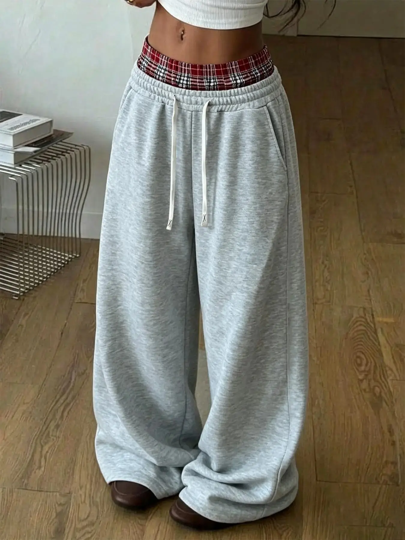 Women's Double Layer Waist Plaid Wide Leg Sweatpants, Plaid Waistband, Loose Fit, Drawstring High Waist, Casual Long Pants, Y2K Street Style