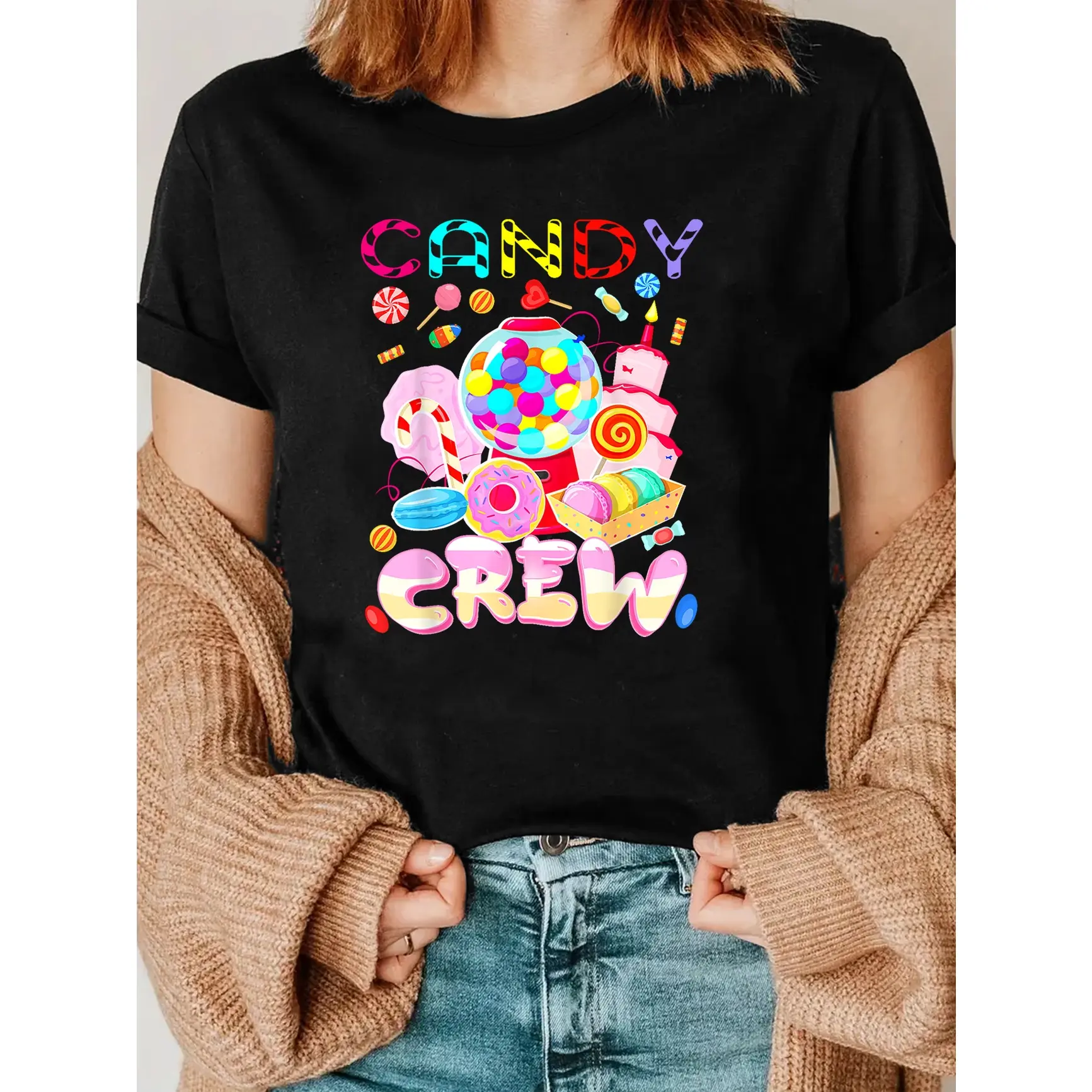 Candy Crew Donut Bubble Gum Cake Graphic Oversized Comfort Cotton Fashion Outfit Tee, Cute Sweet Treat Colorful Shirt, Best Valentine Gift For Her Him, Holiday Present For Candy Lover Family Friends