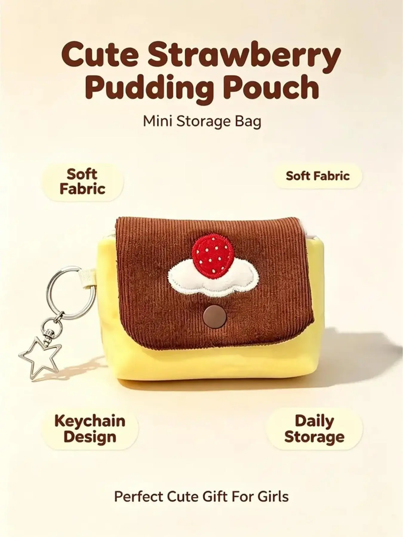 Cute Strawberry Cake Mini Coin Purse, Kawaii Cartoon Small Zipper Wallet with Star Keychain Charm, Soft Fabric Portable Pouch for Earbuds Cards Lipstick, Sweet Small Gift for Teen Girls Women Daily Carry