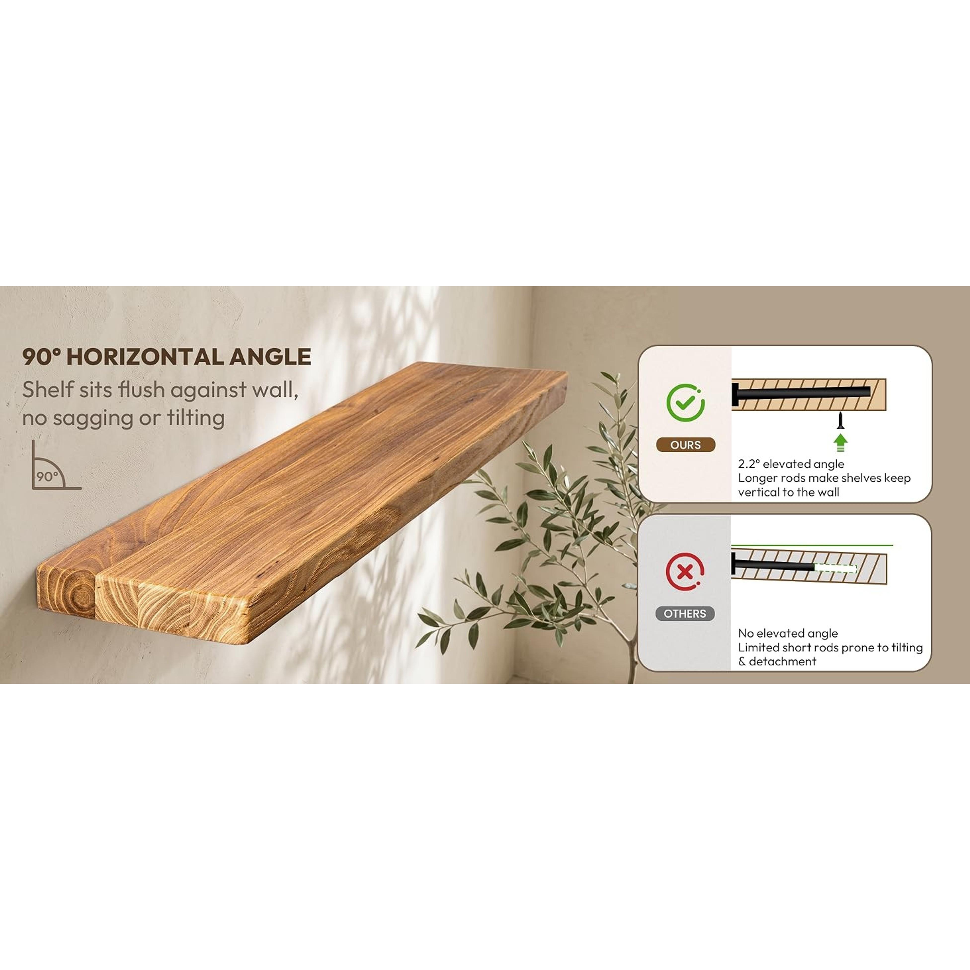 40-in Solid Elm Wooden Floating Shelf with Invisible Bracket - Rustic Minimalist Walnut-Tone Wall-Mounted Shelf for Bathroom, Living Room Decor, 1 Pack, Installation