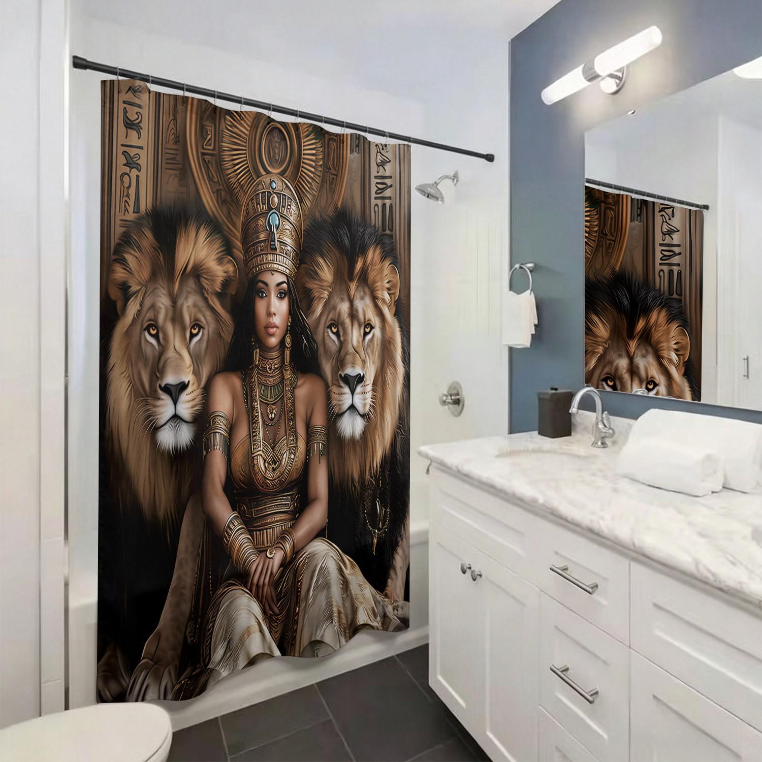1pcs Luxury Ancient Egypt Queen and Lion Guardians Bathroom Printed Shower Curtain, Elegant Print Shades, Royal Golden Goddess Bath Backdrop, Ethnic Wall Art Hanging