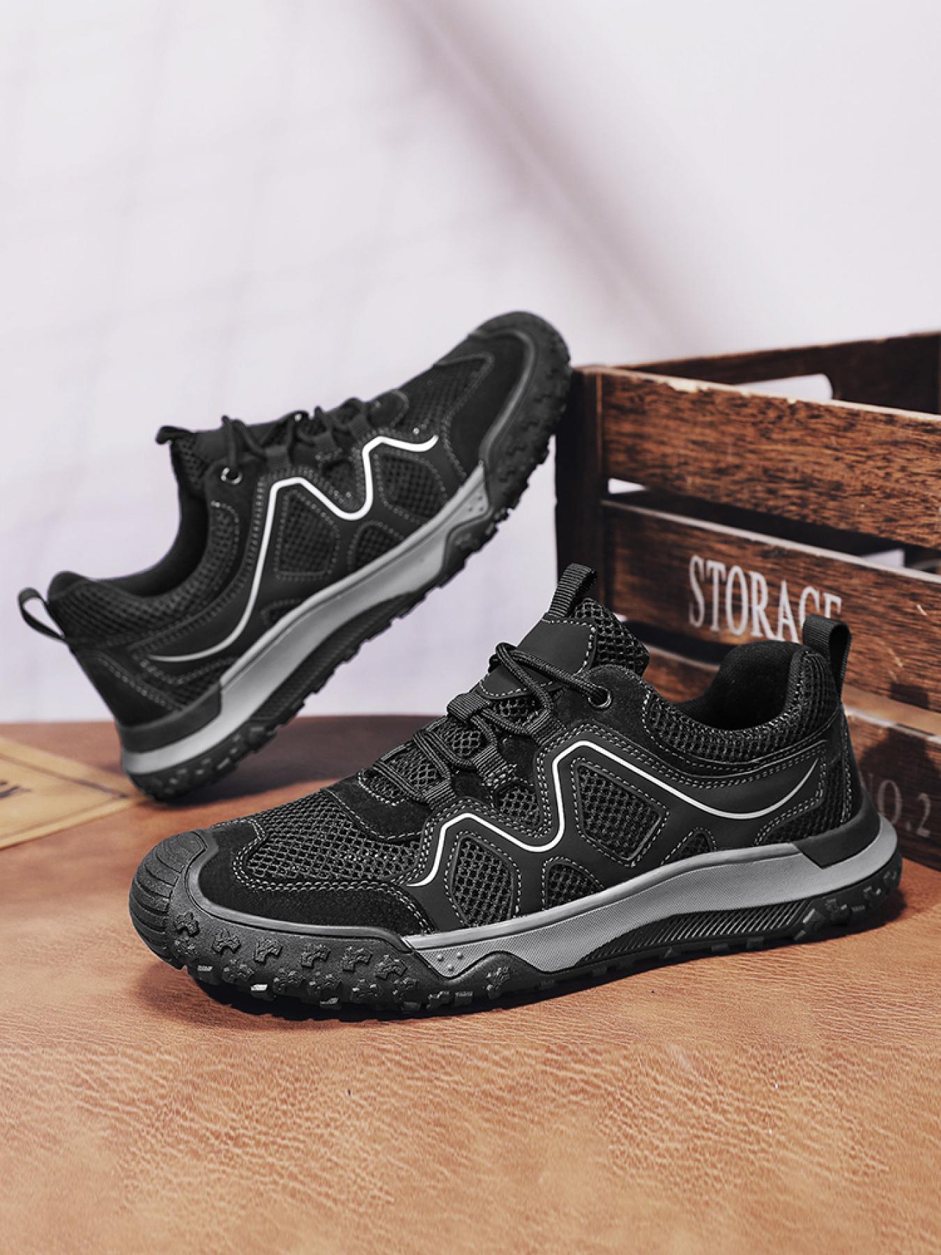 Men's Solid Color Mesh Breathable Outdoor Hiking Shoes Drawstring Toe Cap Trekking Shoes Non-Slip Wear-Resistant Casual Sneakers