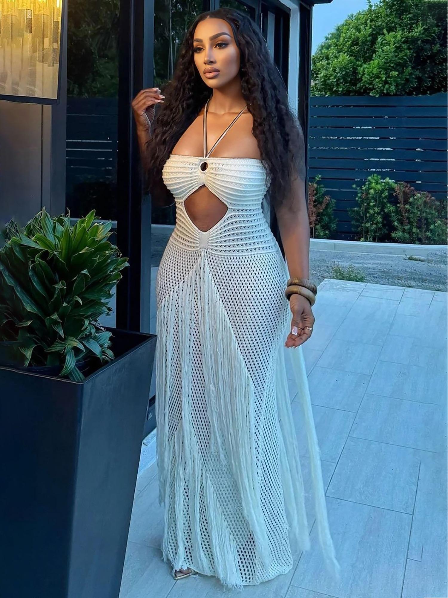 Women’s Crochet Knit Maxi Dress with Fringe Sexy see through Cutout Halter Backless Boho Style Beach Party Vacation Summer Outfit Resort Wear Women’s Crochet Knit Maxi Dress with Fringe Sexy see through Cutout Halter Backless Boho Style Beach Party Vacation Summer Outfit Resort Wear