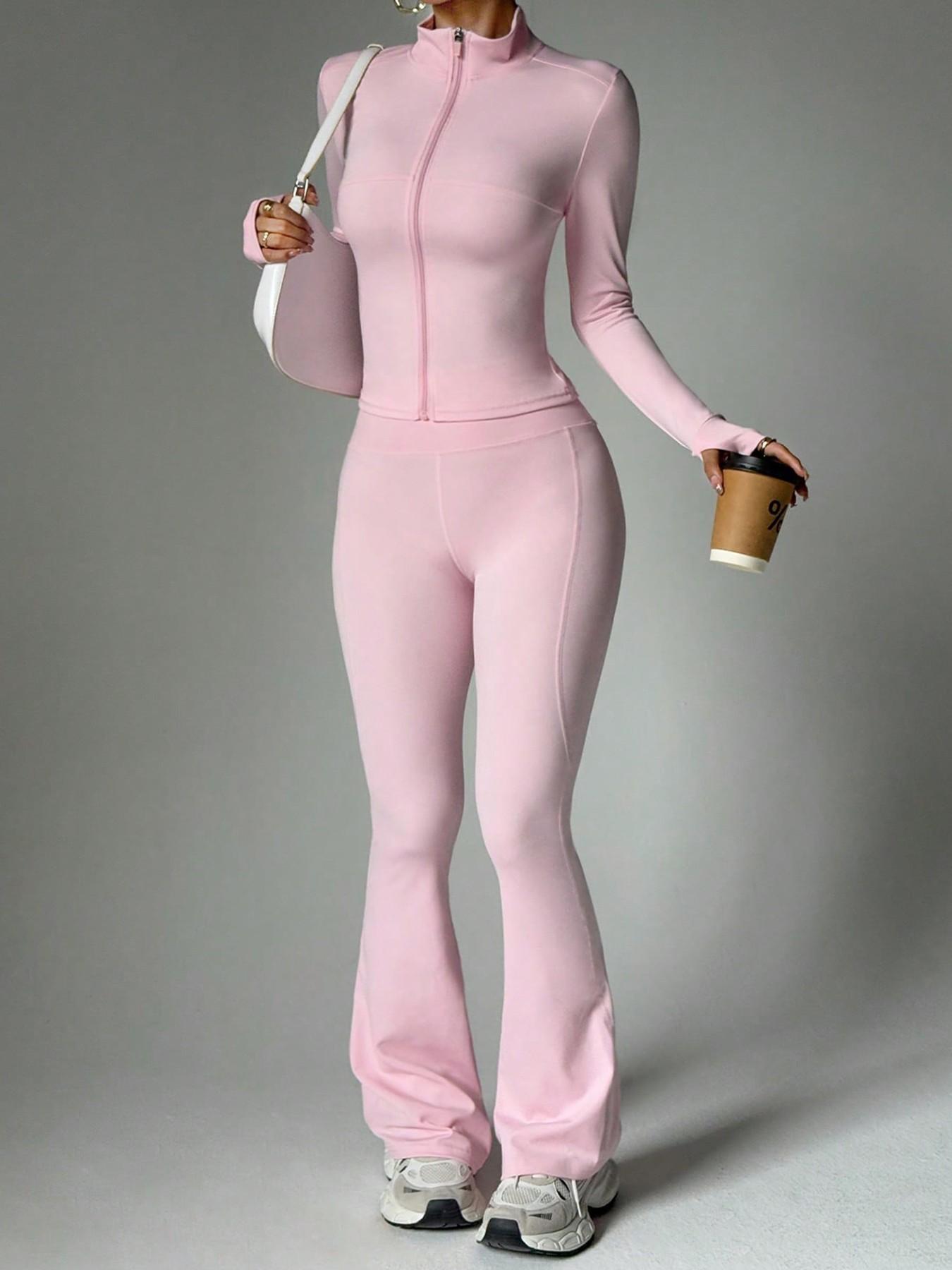 2 Piece Set Women's Loungewear Set Stand Collar Zip-Up Jacket & Wide Leg Flared Pants Comfortable High Stretch Slim Fit Suitable for Daily Outings Home Sports Travel Casual Fashion Coat Long Sleeve Pants Women's Pajama Set Outfit