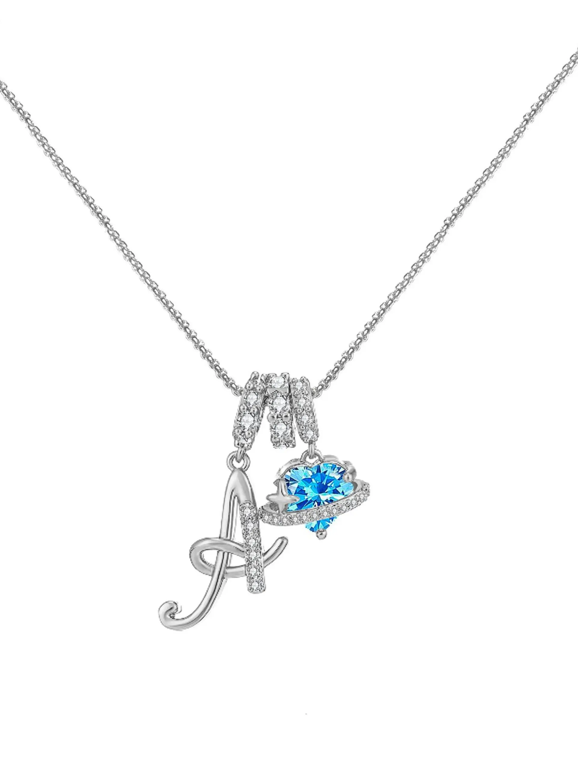 Blue CZ Heart Initial Necklace for Women, A-Z Letter Pendant, Dainty Birthstone-Inspired Jewelry, Birthday and Christmas Gift for Her