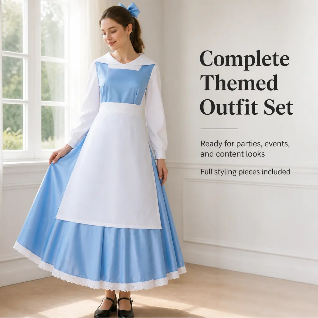 Women's Belle Maid-Style Halloween Cosplay Costume - Long-Sleeve Princess Midi Dress with Lace Fabric, Zipper, Apron and Bow Accessories