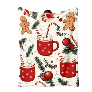 1Pc Hot Chocolate Mugs, Gingerbread Men, And Candy Canes Printed Flannel Blanket In Assorted Colors For Your Couch, Bed, Or Sofa - Suitable For All Seasons, This Throw Blanket Enhances Your Living Space With A Playful Animal Design And Soft Texture