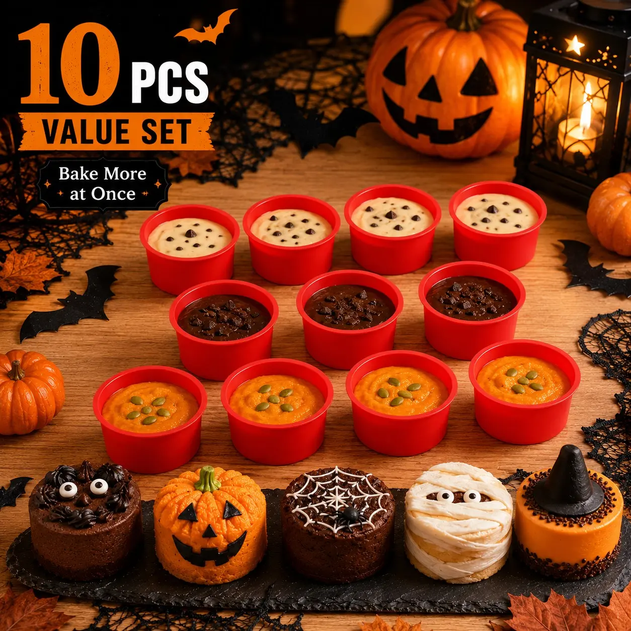 10PCS 4 Inch Silicone Mini Cake Pans, Halloween Party Baking Molds, Reusable Round Cupcake Molds for Muffins, Cheesecake, Mousse & Mini Desserts