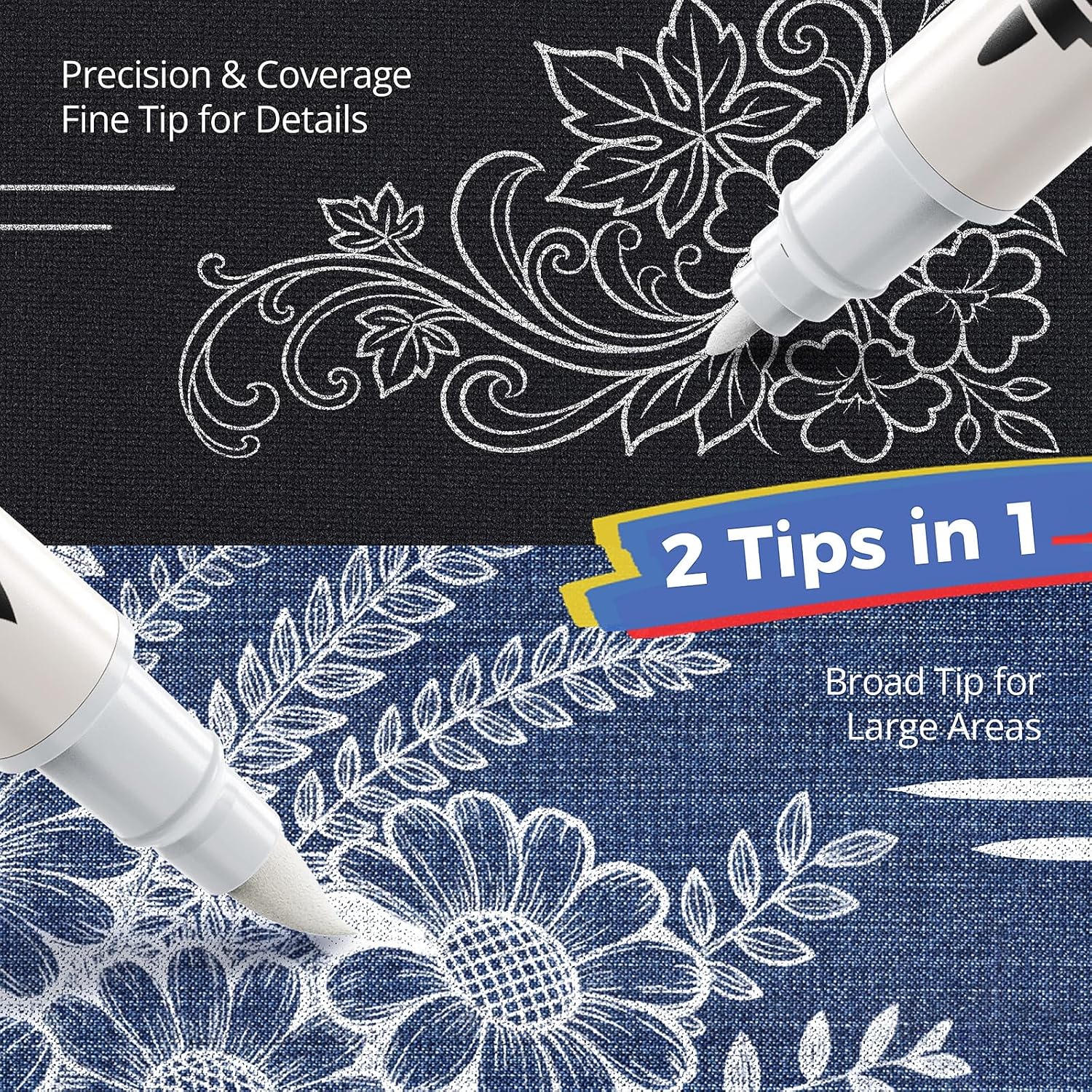 2-Pack Dual-Tip Permanent Marker Pens for Office Stationery - Permanent Marker for Clothes Fabrics, High Detail, Quick Dry, Laundry Proof - Suitable for Denim, Canvas Shoes Crafts (Black+White)