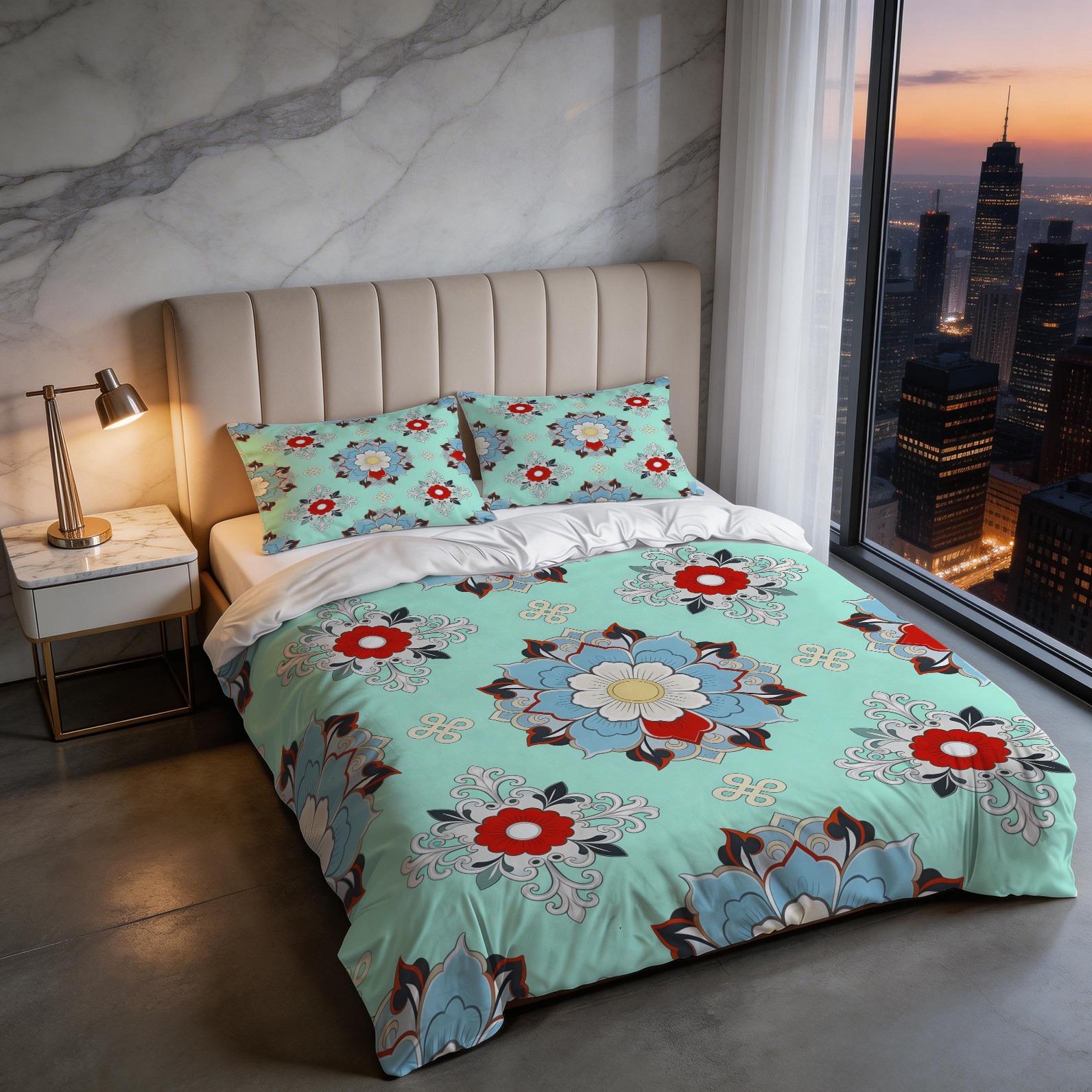 2/3 Piece Vintage Floral Mandala Duvet Cover Set, HD Digital Printed Comforter Cover, Soft Breathable All-Season Bedding Set with Zipper & Corner Ties, No Inserts for Bedroom Decor