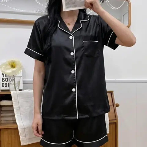 Two/Four/Six Counts Women's Satin Pyjama Lounge Co-ord Set, Lapel Collar Button Front Pocket Blouse & Contrast Binding Elastic Waist Pj Shorts Pajama Set, Loungewear Lady Homewear for Summer, Back To School Wear Black Girl Wear Valentine's Day, gift