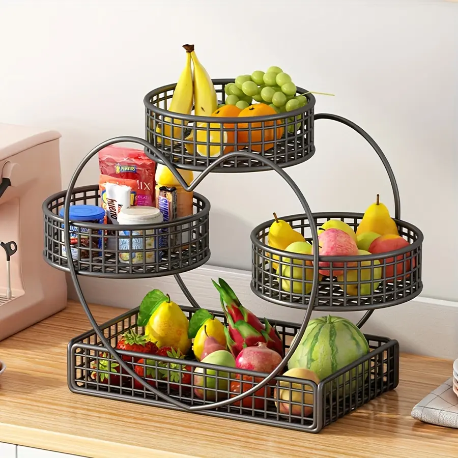 1 heart-shaped three-tier fruit basket - made of metal, food-safe, suitable for displaying fruits, vegetables, bread, snacks, and candies - perfect for picnics, weddings, parties, and holiday gifts, fruit display stand |       Decorative fruit basket |