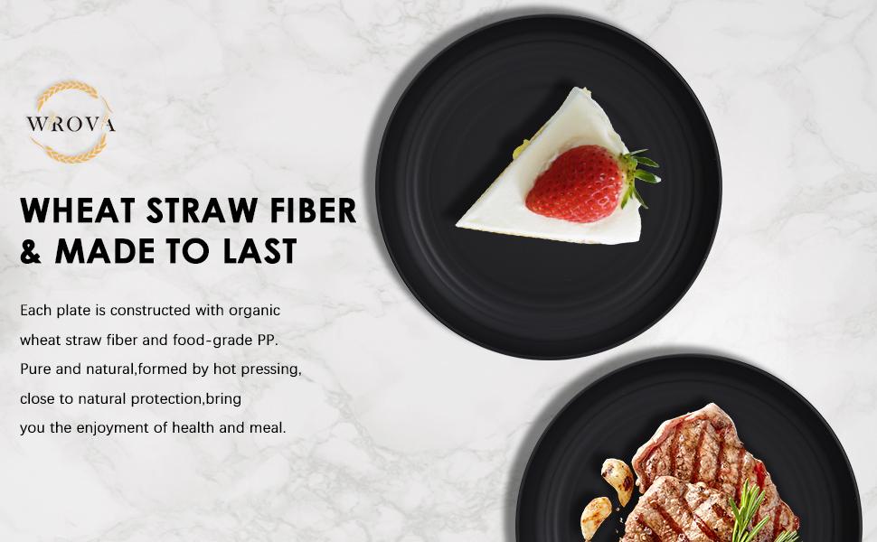 Wheat Straw Plates - 8 Inch Unbreakable Dinner Plates Set of 8 - Dishwasher & Microwave Safe Plastic Plates Reusable - Lightweight Plates for kitchen,R.V (pure black)