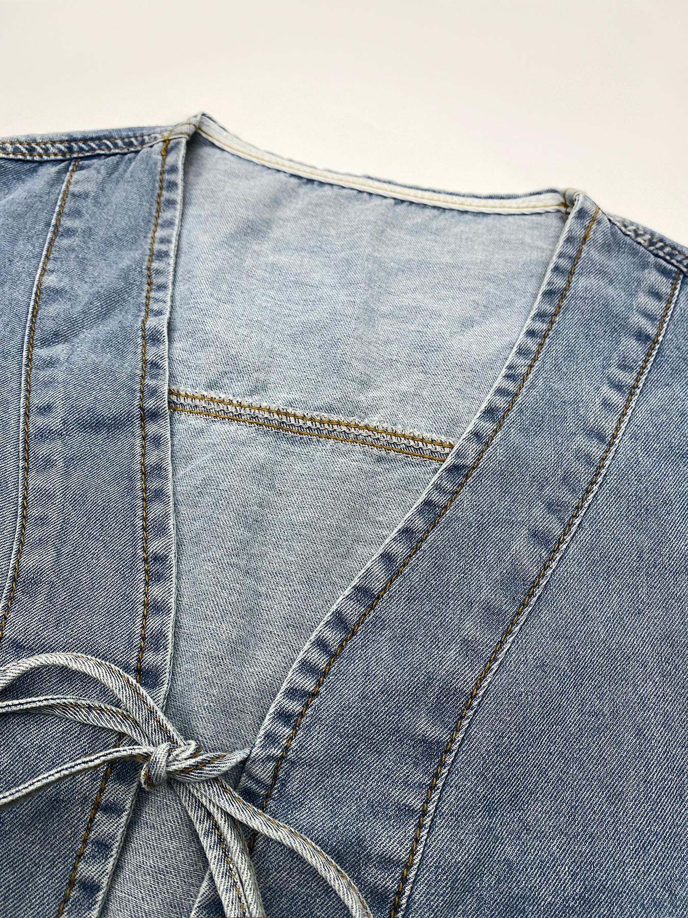 Women's Denim Two-Piece Set, Vintage Tie-Back Short Top, Wide Leg Pants, Casual Loose Fit, Summer