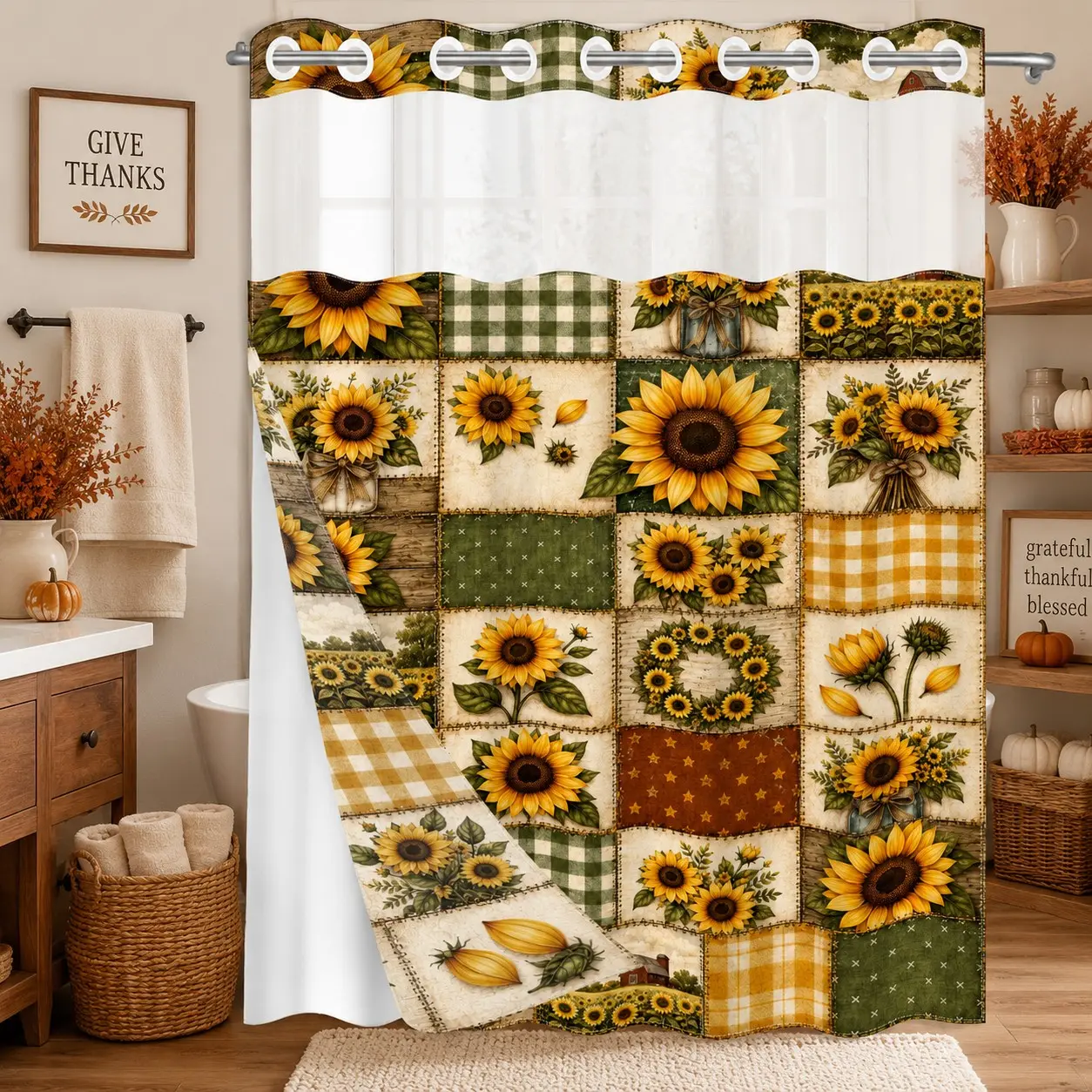 1PC 2D Flat Sunflower, Gingham Plaid, Mason Jar & Floral Wreath Patchwork Pattern Double-Layer Woven Shower Curtain, No Hooks, Transparent Top Window, Removable Snap-On Liner, Rustic Farmhouse Bathroom Art Decor, Bathroom & Holiday Decoration