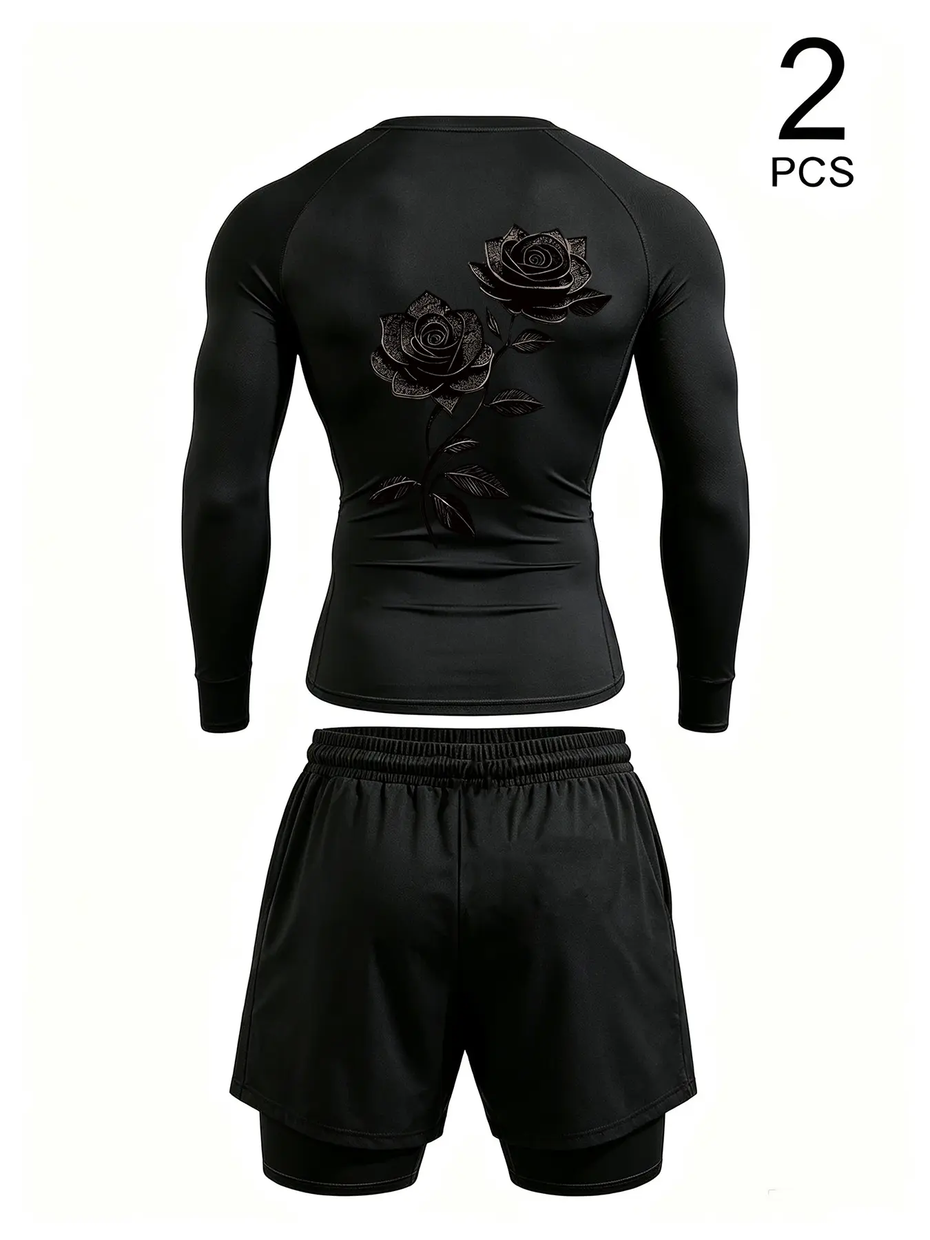 Vintage Casual American Rose Print Long Sleeve Top + Dual Layer Gym Shorts, Breathable, Slim Fit, Ideal for Fitness, Running, Basketball