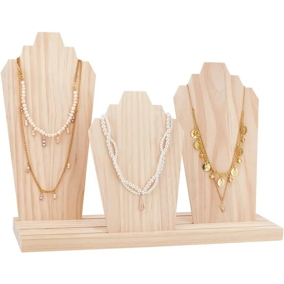 Wood Necklace Display Stands with 3-Row Holder and 3 Removable Displays Wood Plank Necklace Storage Holder Bust Easel Jewelry Display for Necklaces, Rings Storage, Blanched Almond