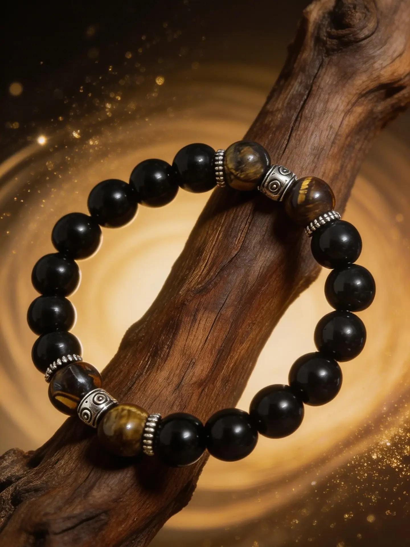Men's Natural Tiger Eye & Obsidian Bracelet, Silver Color Plated, Handmade Premium Healing Stone, Gift Box Included
