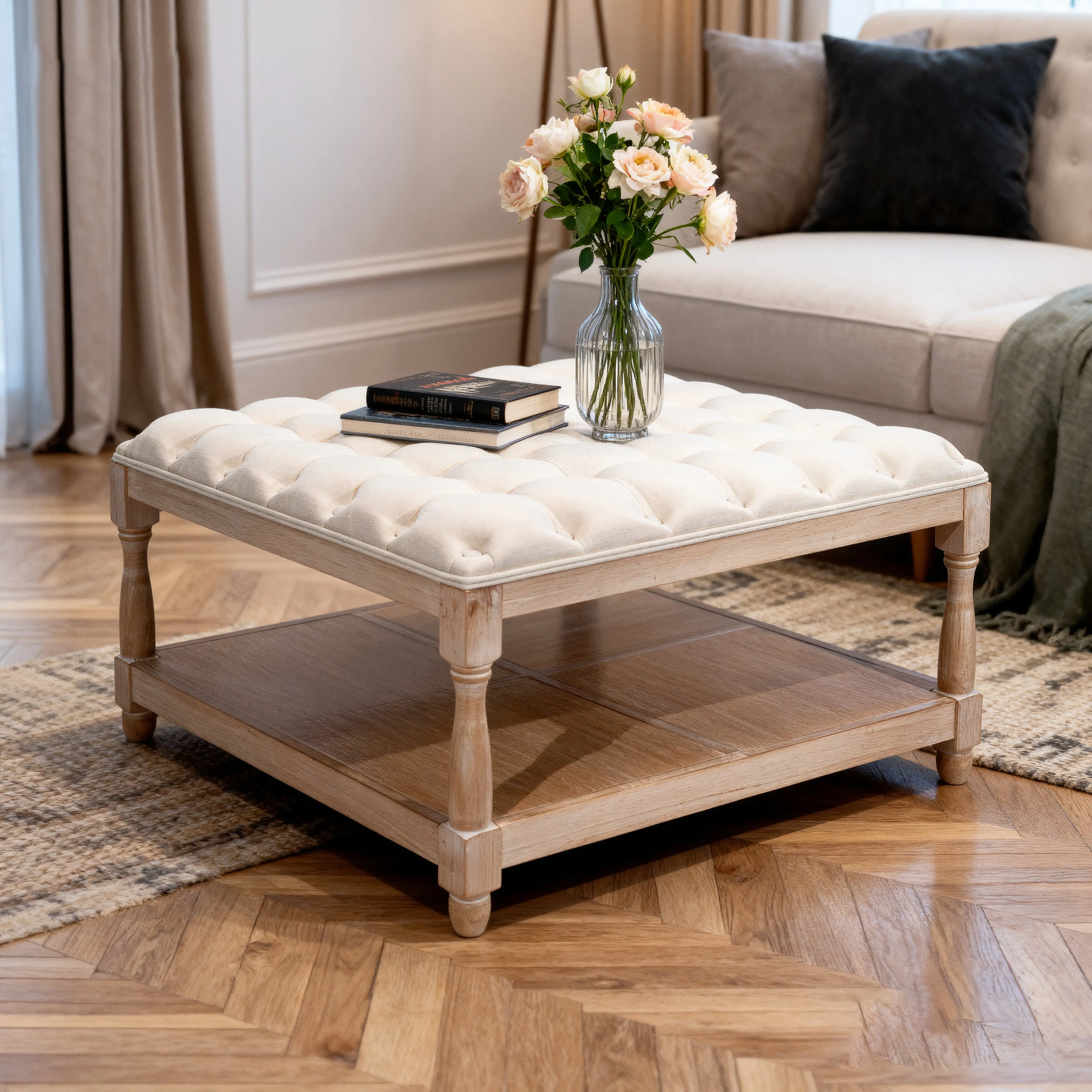 Nokaa 33-Inch Large Square Ottoman Coffee Table for Living Room, Tufted Upholstered Linen Ottoman with Storage Shelf, Solid Wood Legs, Beige, Modern Style, Footstool with Hidden Storage, Easy Assembly