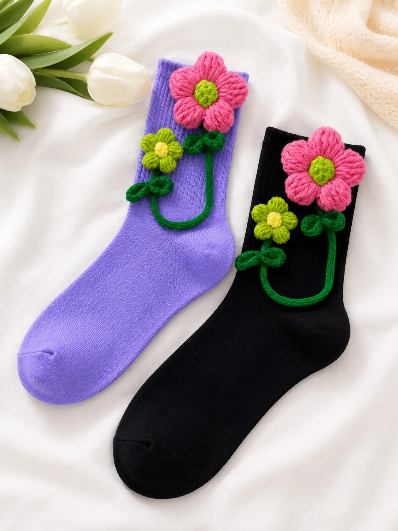 Trendy Handmade Crochet Flower Socks for Women, Unique Handcrafted Cute Retro Sweet Cool Outerwear Trendy Mid-Calf Long Socks for Fall Winter