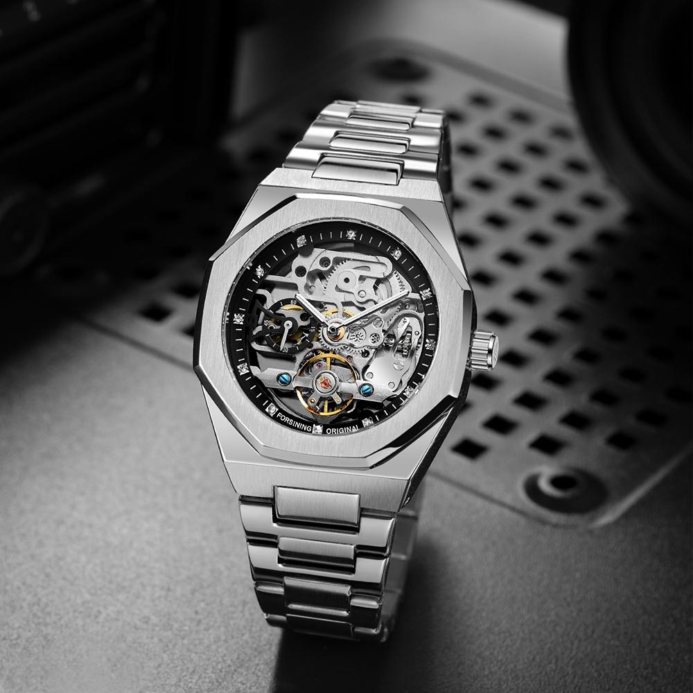 Men's Classic Business Rhinestone Decorated Analog Mechanical Watch, Fashionable Wristwatch for Men, Stylish Watch, Luminous Hands Watch for Party, Daily Clothing Decor, Watch for Birthday Gift with Box, Stainless Steel Wristwatch