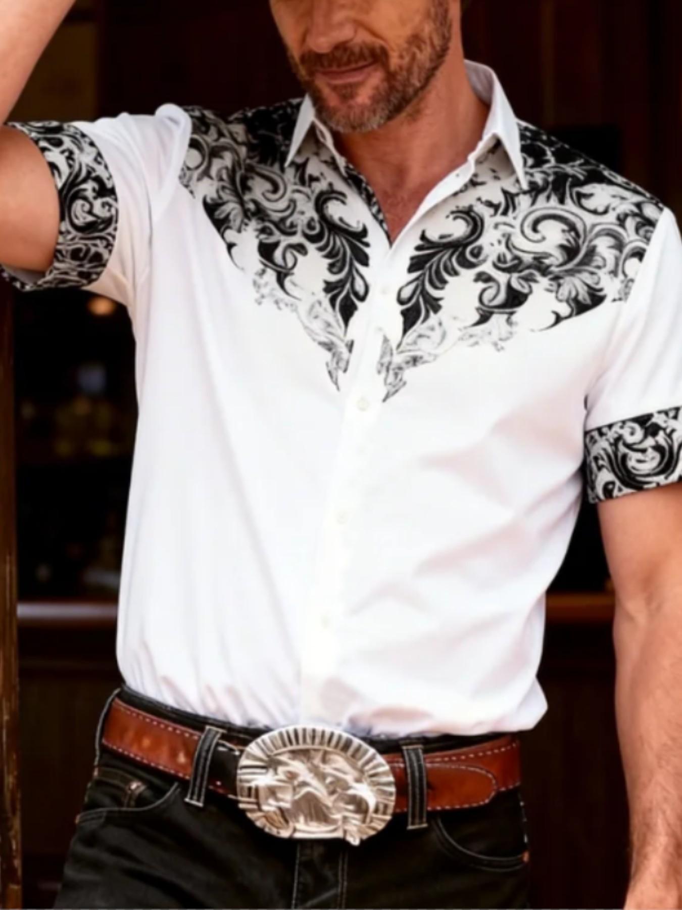 Western Cowboy Style Men's Short Sleeve Shirt, Vintage Baroque Print Collar Casual Top, American Retro Commute Versatile Button-Down