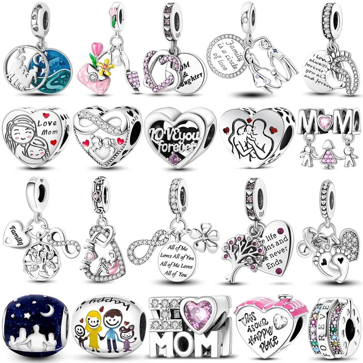 925 Sterling Silver Mother's Gift Charm Bead Mom Love Happy Family Dangle Fit Original Bangle Bracelet Necklace DIY Jewelry