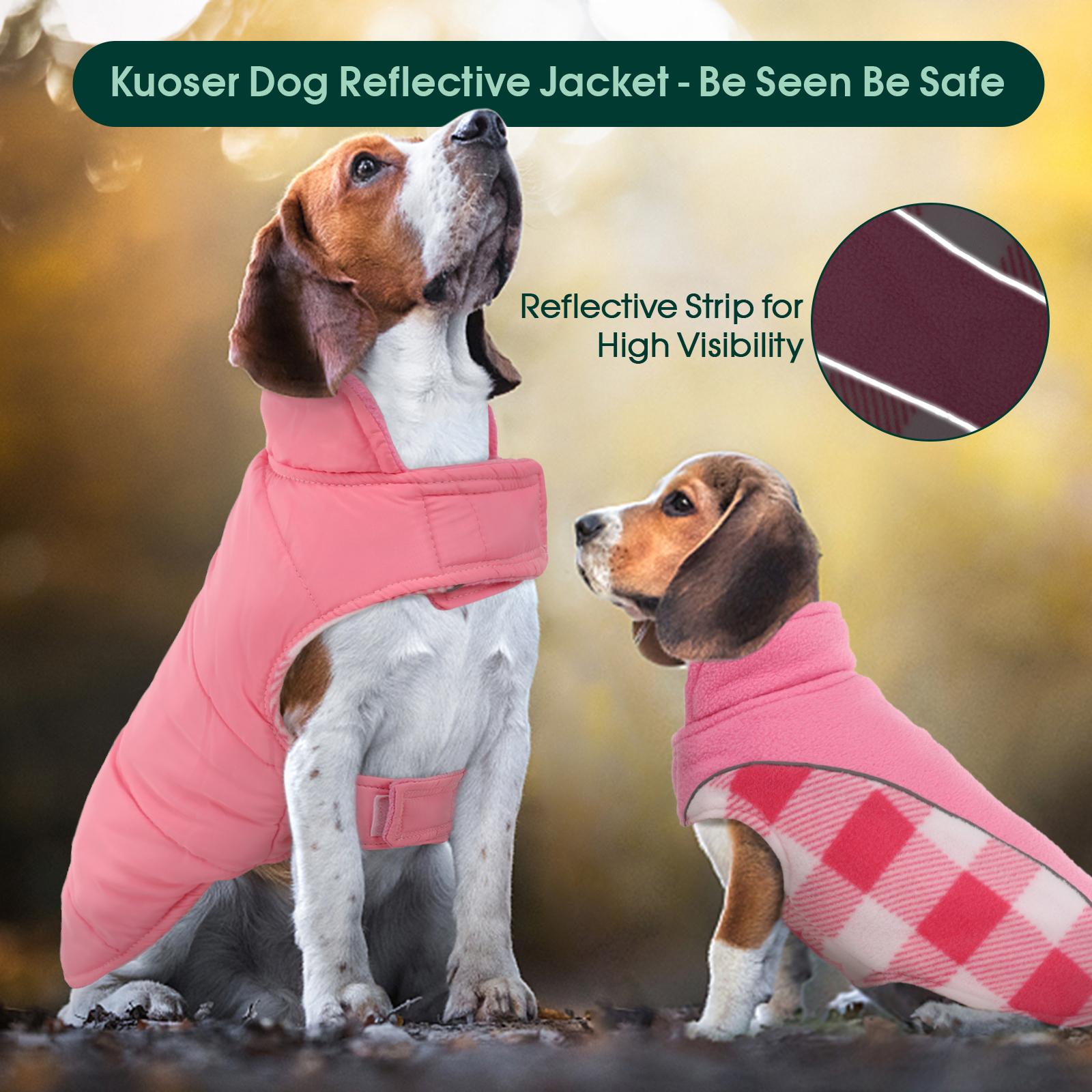 Kuoser Reversible Dog Coat, Warm Waterproof Dog Jacket, British Style Plaid Dog Winter Coats, Puppy Cold Weather Vest Windproof Outdoor Clothes Dog Snow Jackets for Small Medium Large Dogs