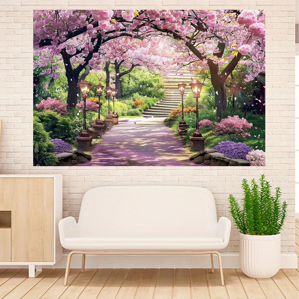2D Flat, 2D Flat, 2D Flat Banner, 1pc Spring Floral Cherry Blossom Path Backdrop Photography Background for Wedding, Bridal Shower, Anniversary, Party Decoration, No Electricity Needed Yjx