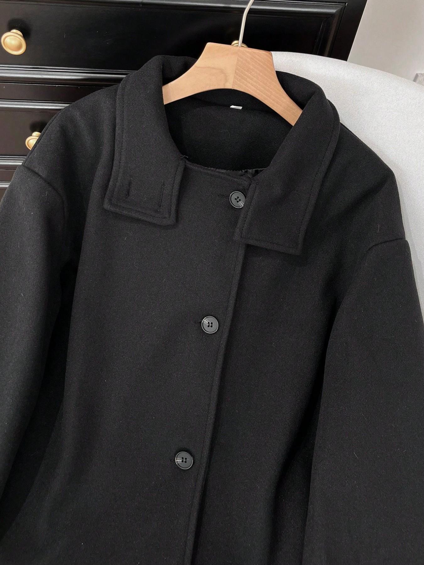 Women's Fall Casual Elegant Fashion Loose Simple Stand Collar Jacket, Long Sleeve Button Closure, Medium Length, Solid Pattern, Coats