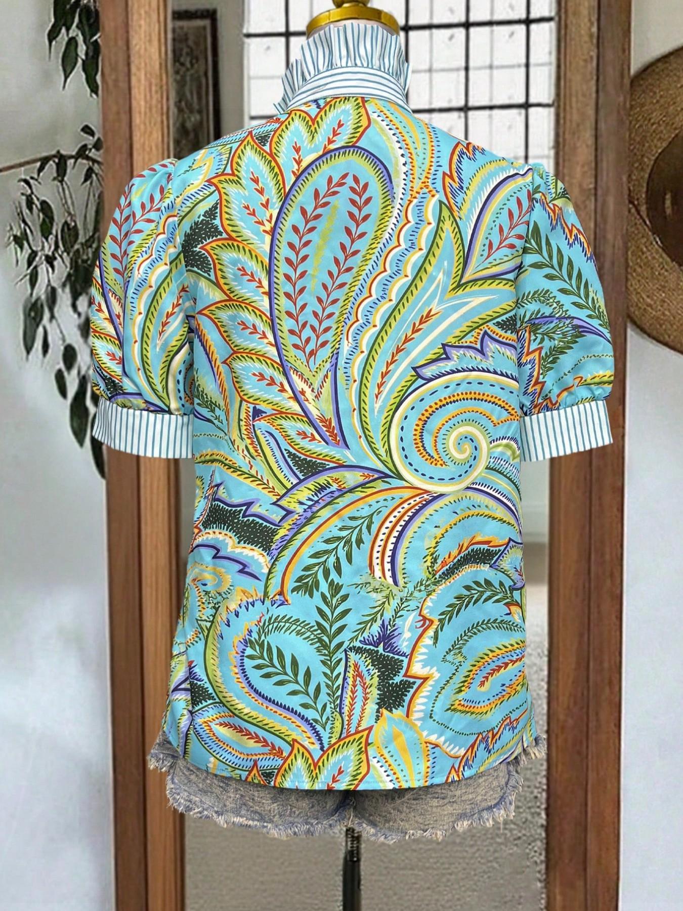 Vintage Paisley Print Blouse Shirt for Women - Spring Summer Casual Half-Open Front Top with Striped Collar