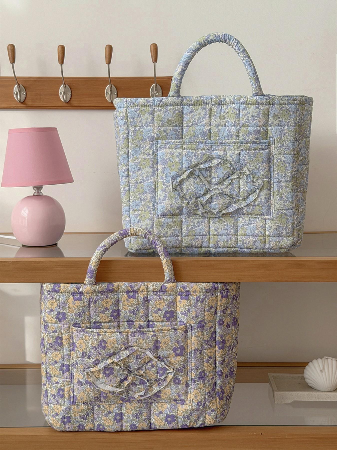Large capacity floral quilted storage basket with plaid lining and multi-purpose organizer to store makeup, toiletries and daily essentials, perfect for bedrooms, bathrooms, offices and travel