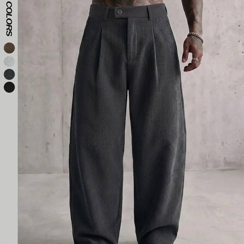 Men's Old Money Solid Color Corduroy Pants, Retro Ribbed Elastic Waist Pleated Wide Leg Trousers with Side Pockets, Fall Winter Casual Pants for Club, Party, Outdoor & Work, Chic Comfy Pants