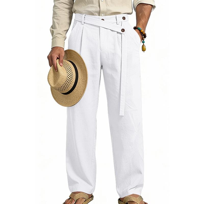 Men's 2026 Spring Summer Plain Linen-Cotton Fabric Wide Leg Trouser, Irregular Cross Buckle Waist, Loose Fit for Big-Tall Menswear, Ideal for Beach Vacation & Daily Commute (Polyester-Blended Option Available)