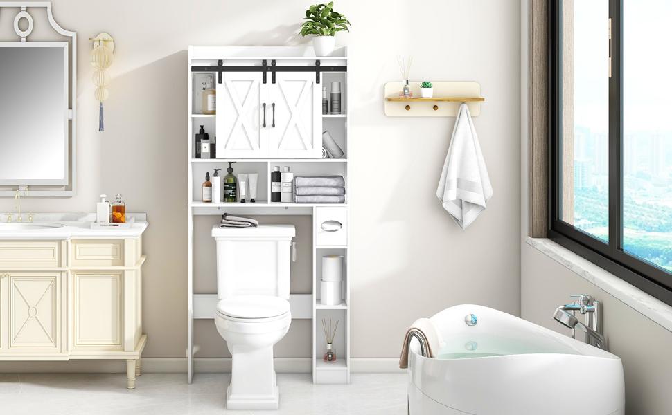 Vabches Farmhouse Over The Toilet Storage Cabinet with Sliding Doors & Adjustable Shelf for Bathroom Organization, Space-Saving Wood Rack for Toiletries & Decor Vabches Farmhouse Over The Toilet Storage Cabinet with Sliding Doors & Adjustable Shelf for Bathroom Organization, Space-Saving Wood Rack for Toiletries & Decor