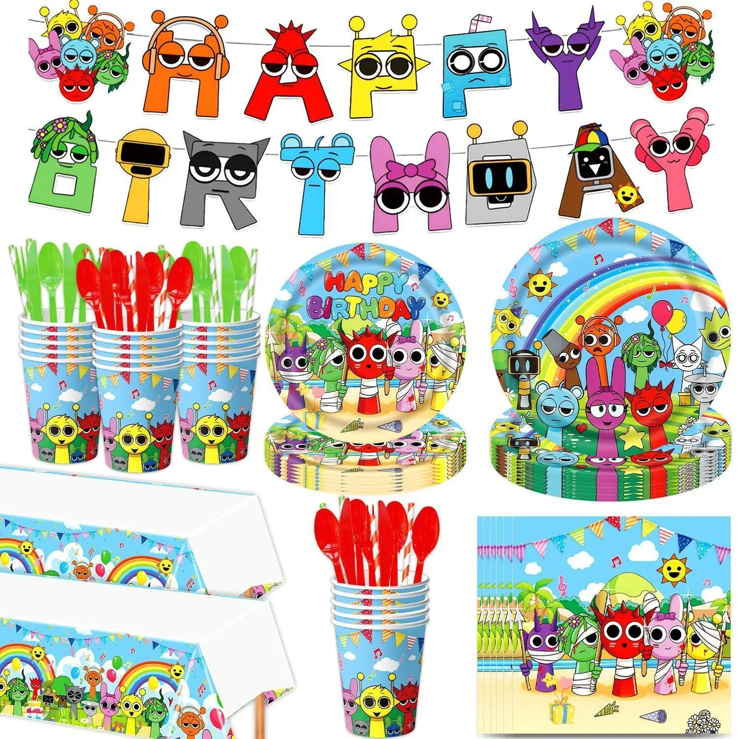 Sprunki Incredibox Themed Party Supplies Kit - 10pcs Cup, Tableware, Plates, Balloons, Cake Topper, Backdrop, Cardboard Cutouts for Kids' Birthday (Home Decor Included)
