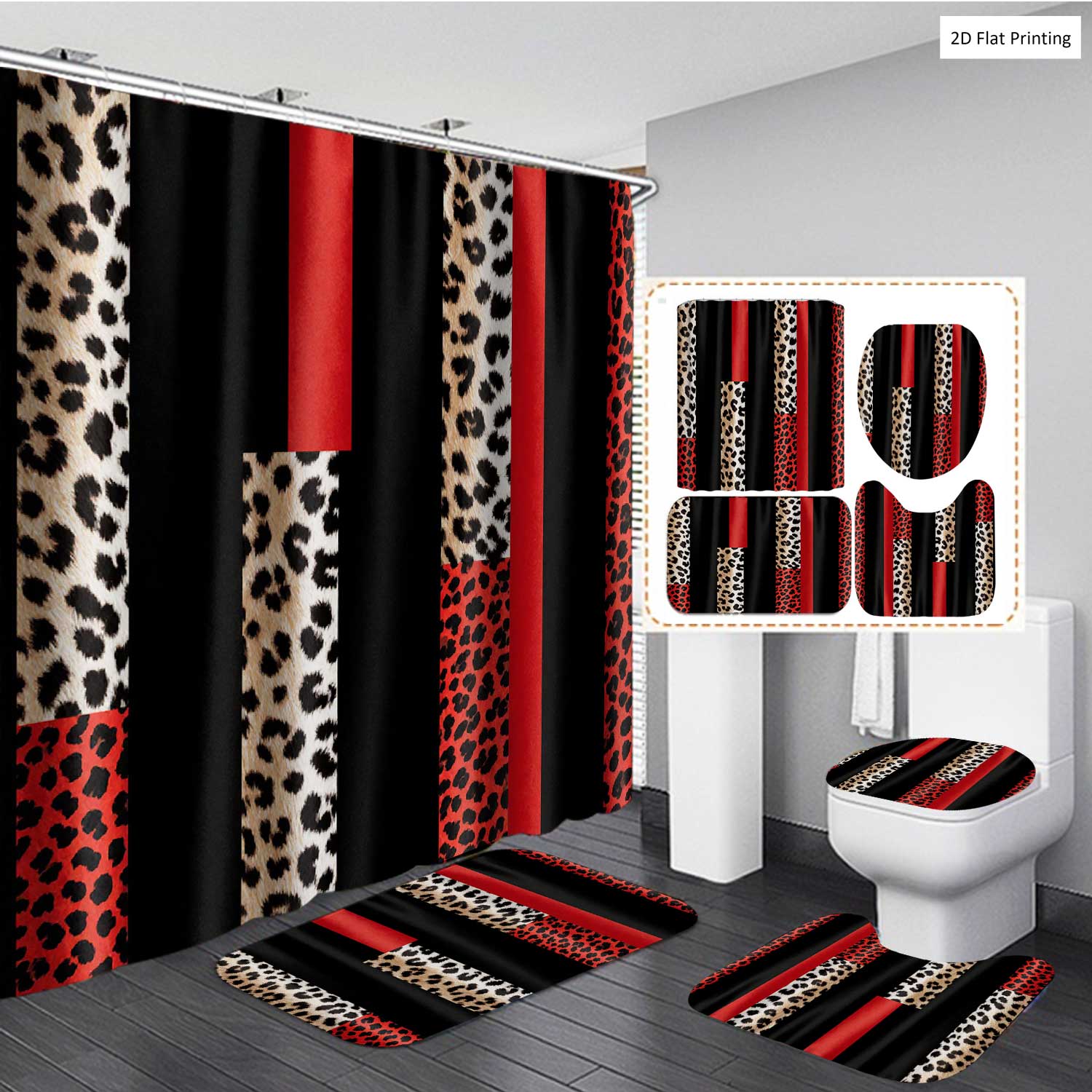 1/4PCS LEOPARD PRINTED IN RED AND BLACK Shower Curtain Set with Rugs, Non Slip Bath Mat, U-Shape Carpet, Toilet Lid Cover, Bathtub Curtain Accessories, 12 Hooks, Home Bathroom Festival Decor
