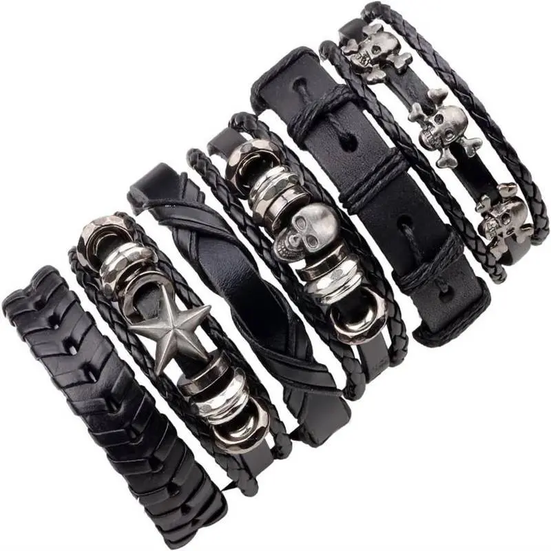 6Pcs Punk Braided Leather Bracelets Set, Black Retro Rock Skull Bracelet Gothic Cuff Wrap Bangle Multi-layer Bracelets Rock Wristbands for Men Women Leather Studded Cuff Wristband Bracelet Set Festivals, Alt Outfits and Daily Wear