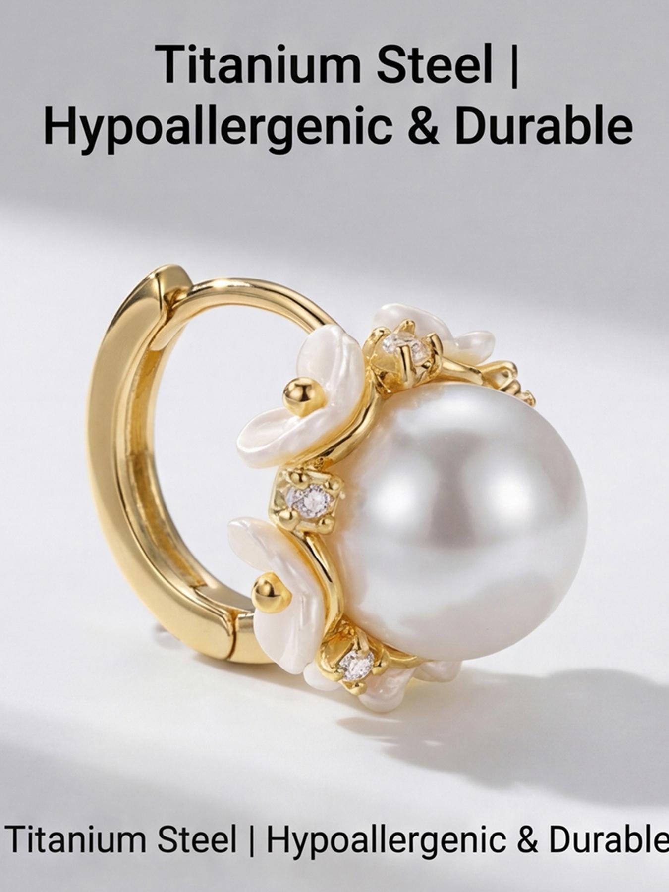 Women's Hypoallergenic Lightweight Titanium Steel Pearl Huggie Earrings, Dainty Vintage Wrapped Design Fashion Jewellery for Everyday Wear Gift for Her