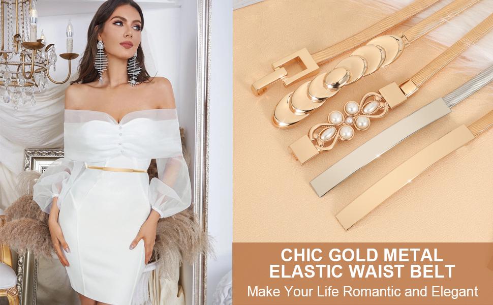 JASGOOD Women Skinny Metal Waist Belt Gold Waistband Elastic Metal Chain Waist Belt for Dress