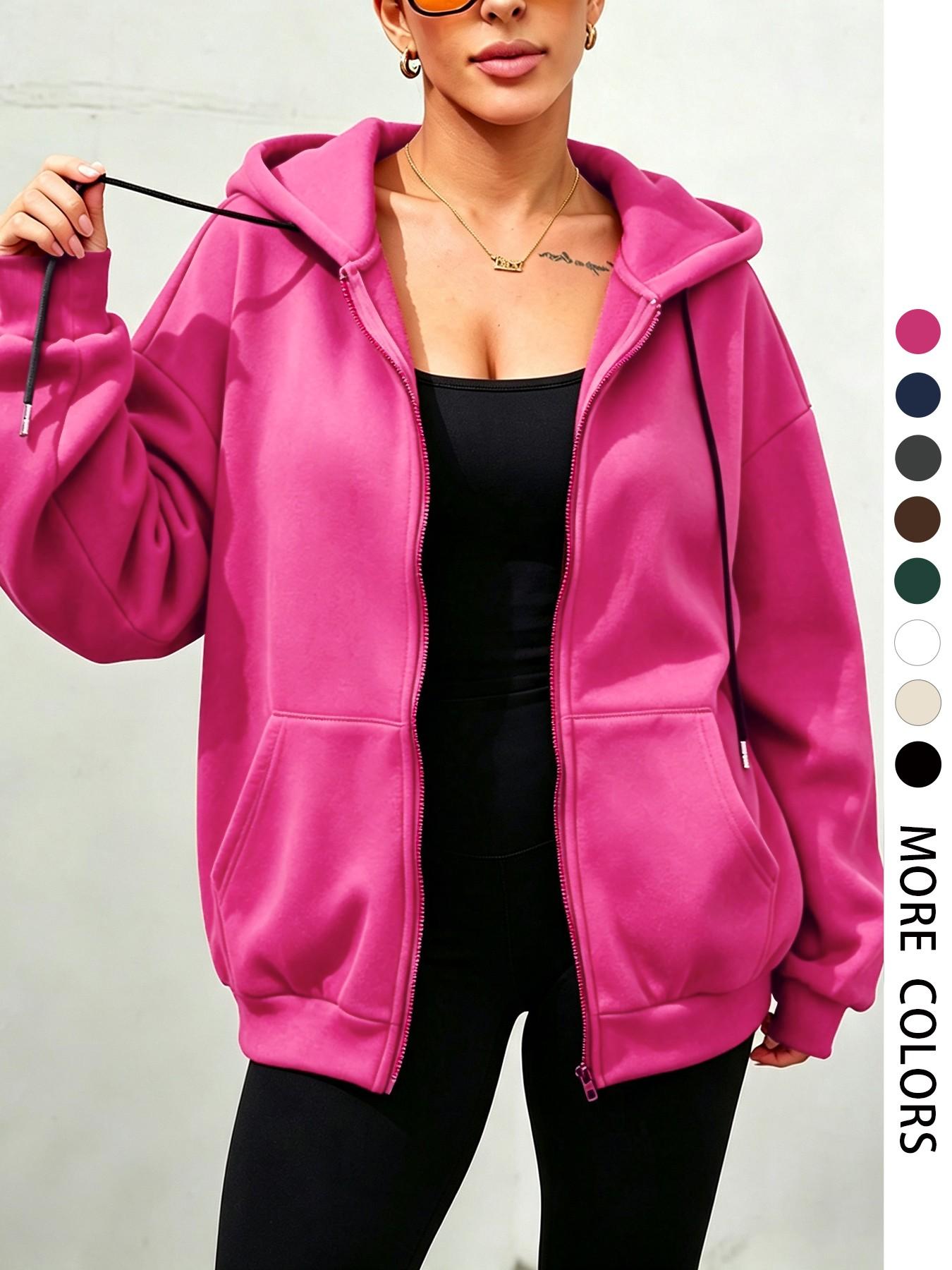 Women's Zipper Drawstring Hoodie, Long Sleeve Pocket Detail, Loose-Fit Casual Sweatshirt for Fall & Winter, Outdoor & Daily Wear