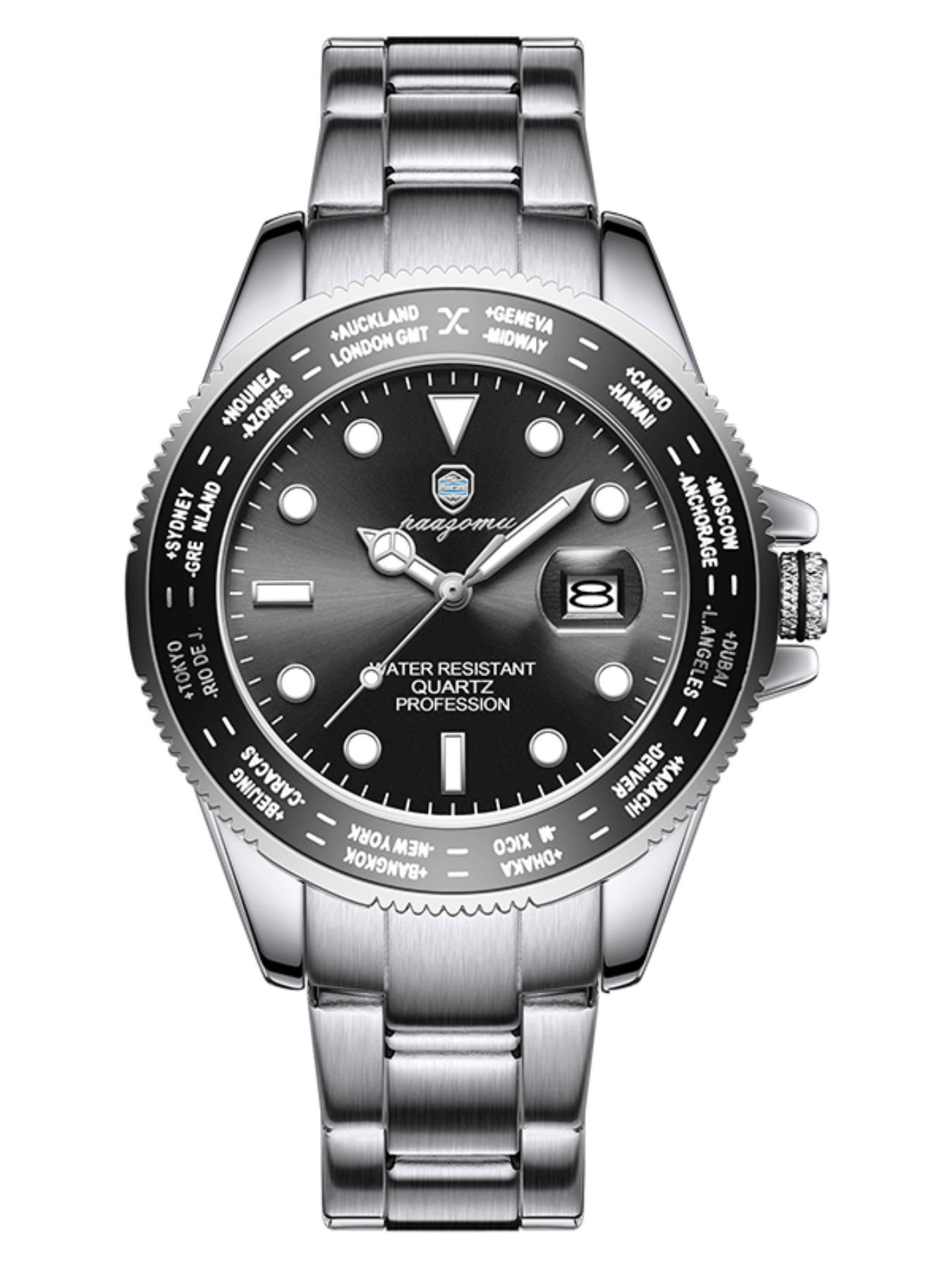 Paazomu Sport Men's Watch, Quartz Analog Display, Waterproof & Luminous, Stainless Steel Band, Casual Style, Ideal Gift