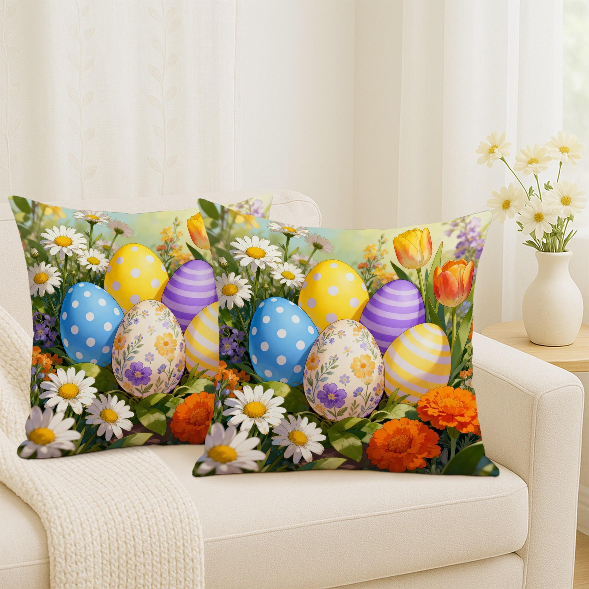 Jit 2pcs 2D Flat Easter Eggs Throw Pillow Covers, Spring Festive Daisies Tulips Design, Soft Velvet Material, Washable Cushion Cover